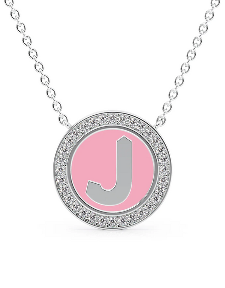 14K White Gold Pink J Initial Disk Pendant