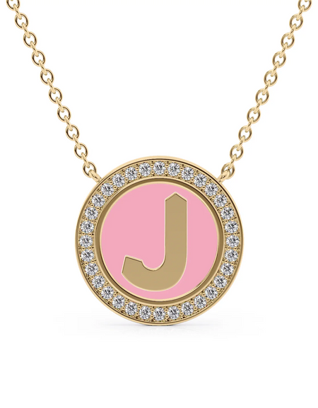 14K Yellow Gold Pink J Initial Disk Pendant
