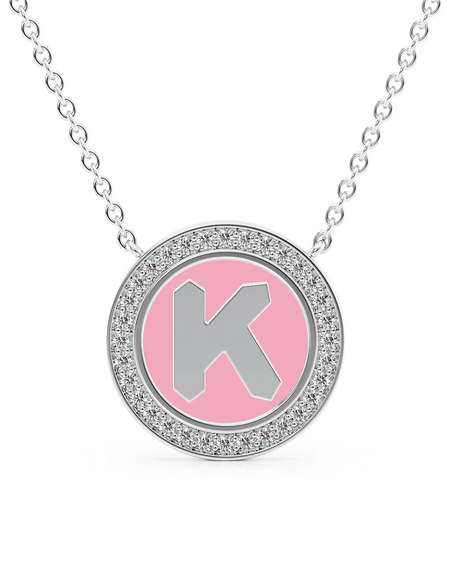 14K White Gold Pink K Initial Disk Pendant