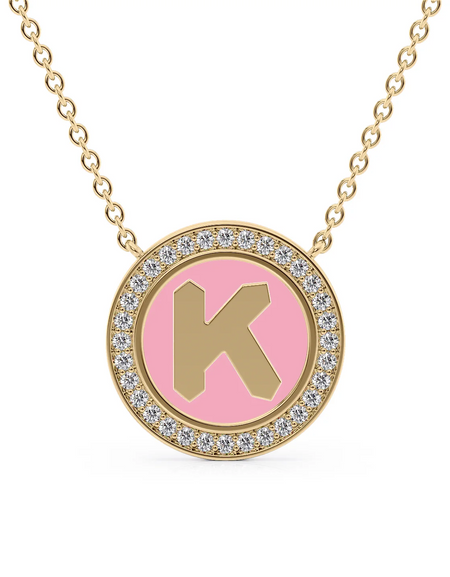 14K Yellow Gold Pink K Initial Disk Pendant