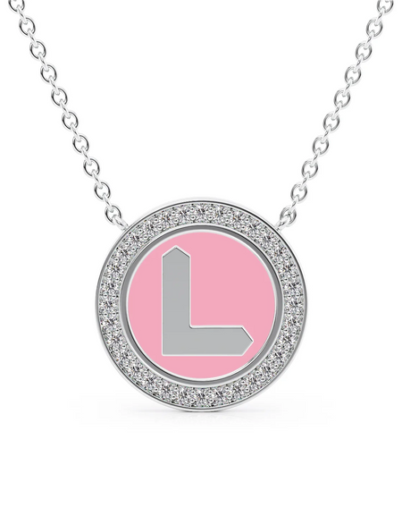 14K White Gold Pink L Initial Disk Pendant