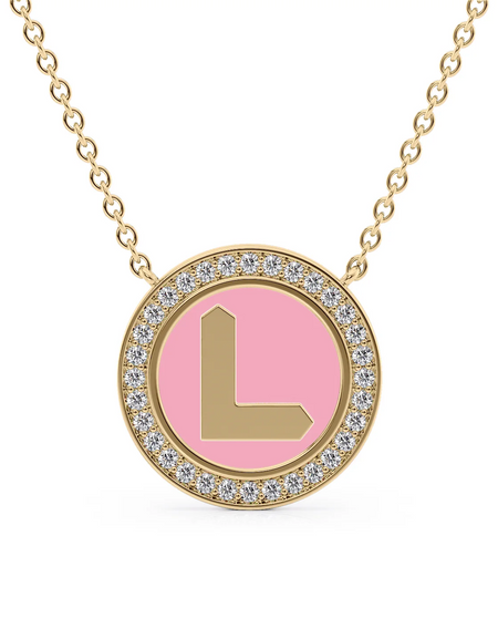 14K Yellow Gold Pink L Initial Disk Pendant