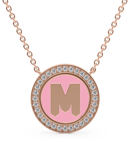 14K Rose Gold Pink M Initial Disk Pendant