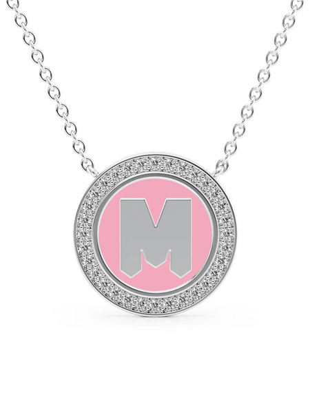 14K White Gold Pink M Initial Disk Pendant