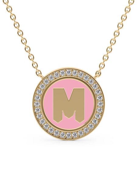 14K Yellow Gold Pink M Initial Disk Pendant