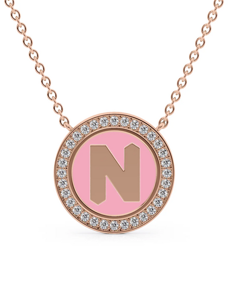 14K Rose Gold Pink N Initial Disk Pendant