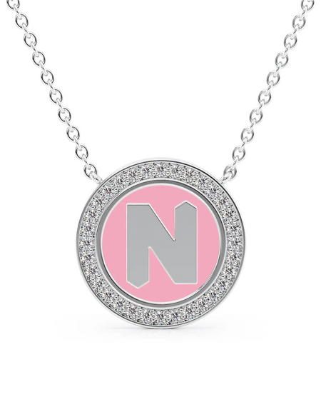 14K White Gold Pink N Initial Disk Pendant