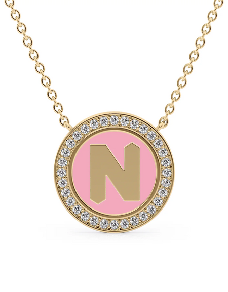 14K Yellow Gold Pink N Initial Disk Pendant