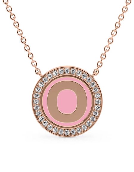 14K Rose Gold Pink O Initial Disk Pendant