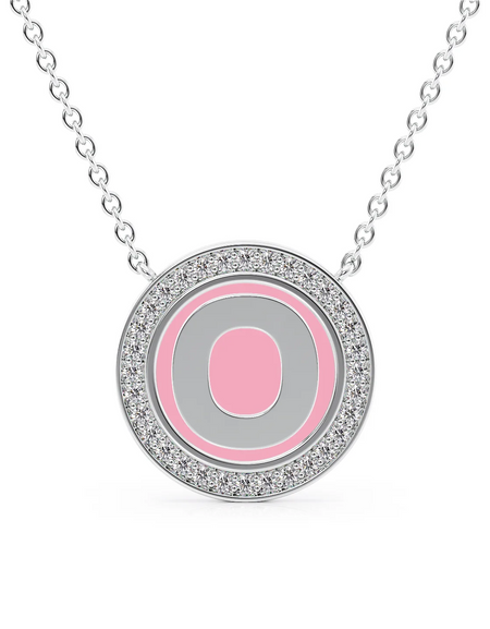 14K White Gold Pink O Initial Disk Pendant