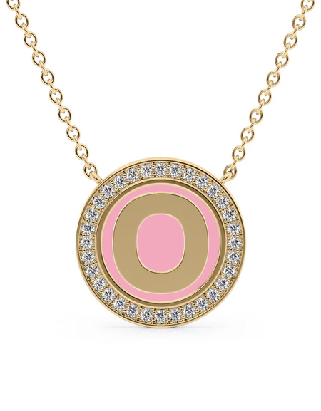 14K Yellow Gold Pink O Initial Disk Pendant