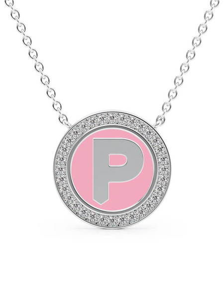 14K White Gold Pink P Initial Disk Pendant