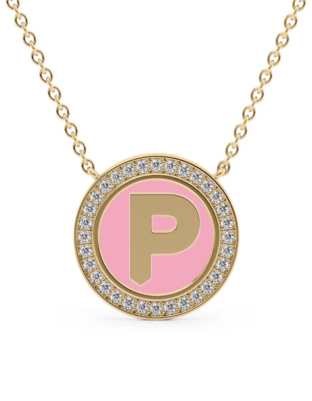 14K Yellow Gold Pink P Initial Disk Pendant