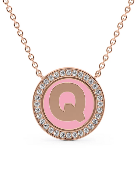 14K Rose Gold Pink Q Initial Disk Pendant