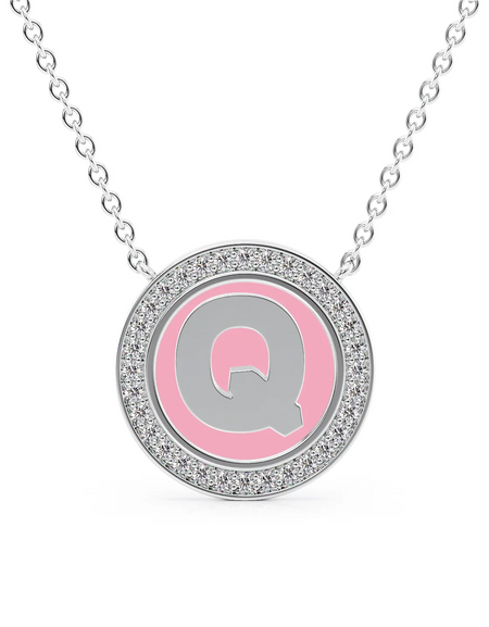 14K White Gold Pink Q Initial Disk Pendant