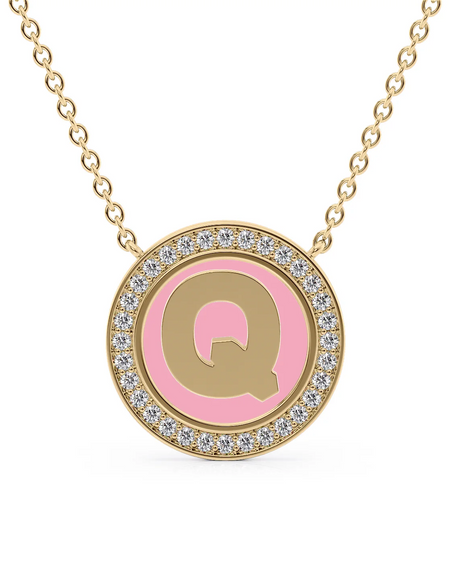 14K Yellow Gold Pink Q Initial Disk Pendant