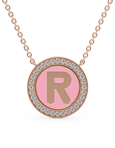 14K Rose Gold Pink R Initial Disk Pendant