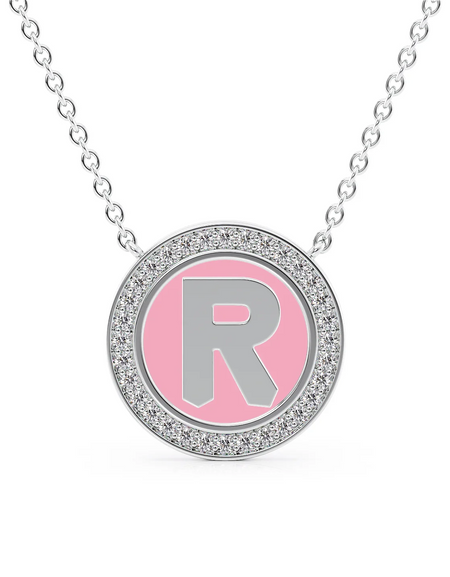 14K White Gold Pink R Initial Disk Pendant