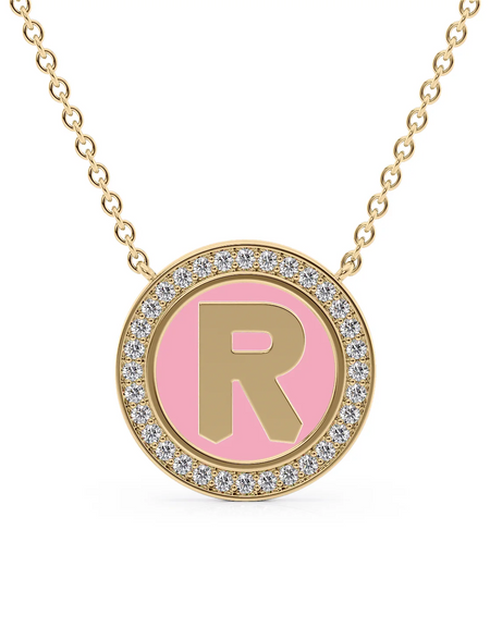 14K Yellow Gold Pink R Initial Disk Pendant