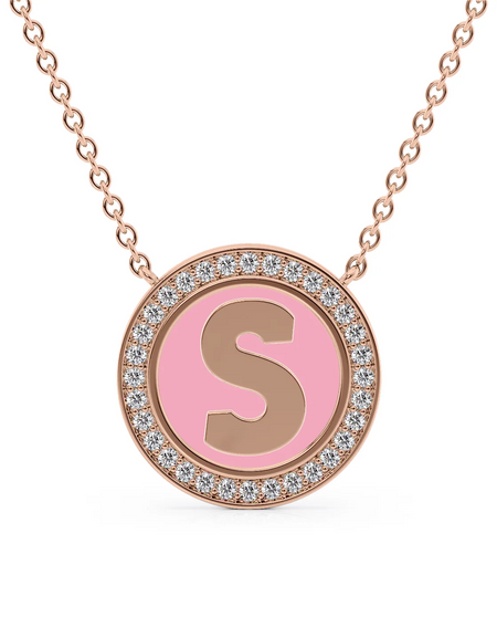 14K Rose Gold Pink S Initial Disk Pendant
