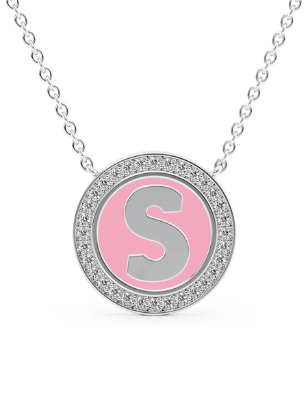14K White Gold Pink S Initial Disk Pendant