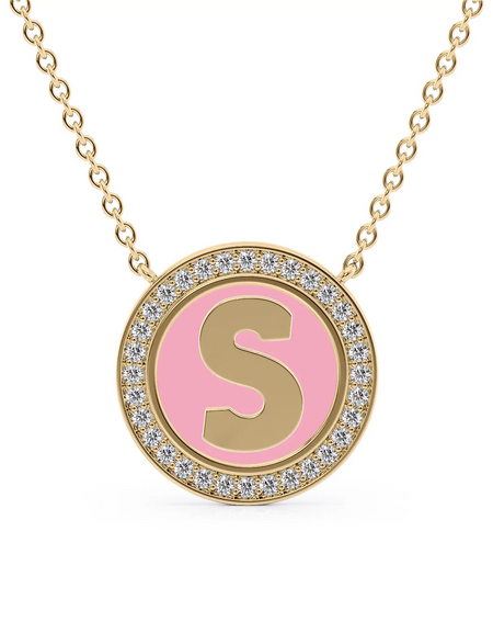 14K Yellow Gold Pink S Initial Disk Pendant