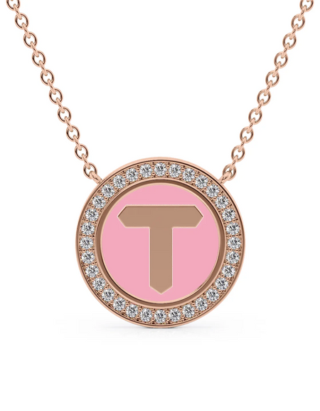 14K Rose Gold Pink T Initial Disk Pendant