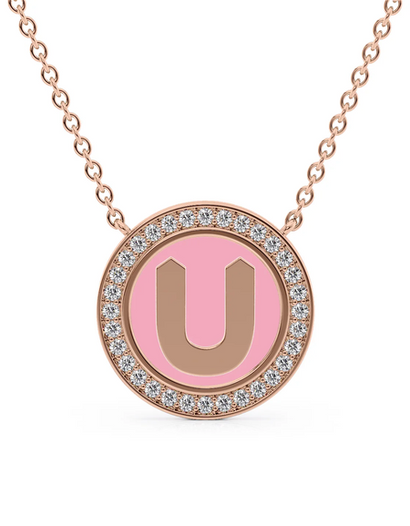 14K Rose Gold Pink U Initial Disk Pendant