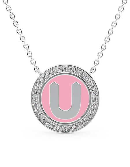 14K White Gold Pink U Initial Disk Pendant