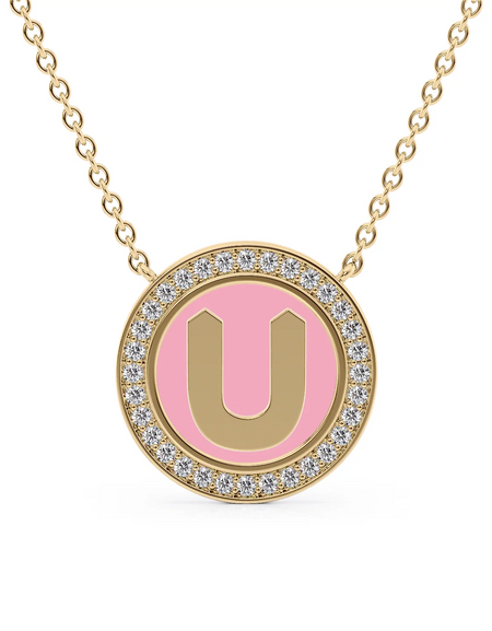 14K Yellow Gold Pink U Initial Disk Pendant