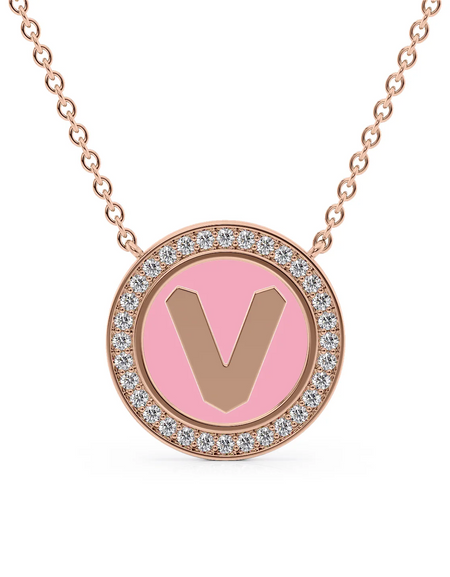 14K Rose Gold Pink V Initial Disk Pendant