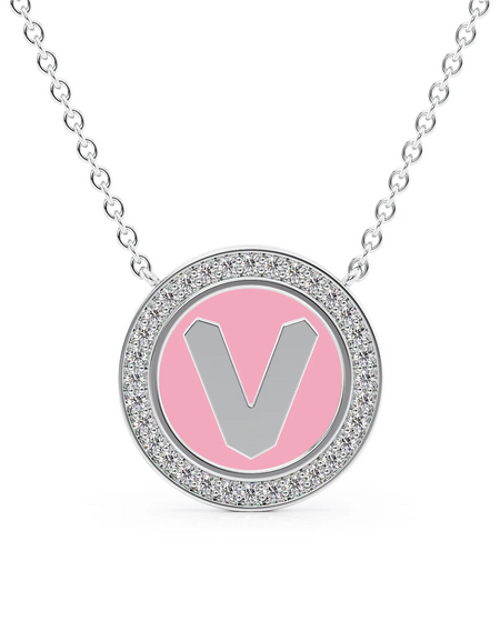14K White Gold Pink V Initial Disk Pendant