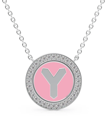 14K White Gold Pink Y Initial Disk Pendant