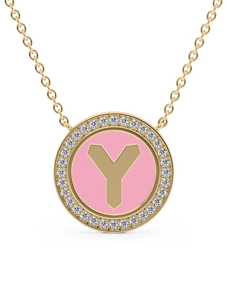 14K Yellow Gold Pink Y Initial Disk Pendant