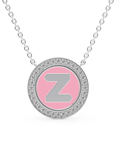 14K White Gold Pink Z Initial Disk Pendant