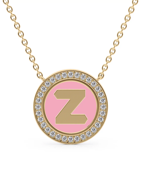 14K Yellow Gold Pink Z Initial Disk Pendant