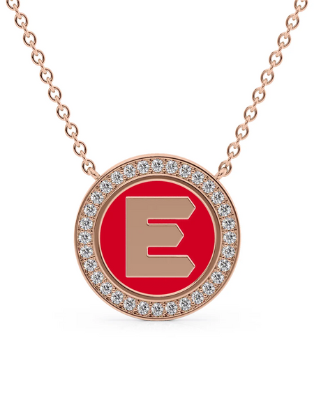14K Rose Gold Red E Initial Disk Pendant