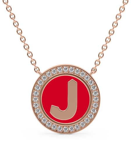 14K Rose Gold Red J Initial Disk Pendant