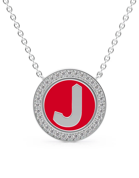 14K White Gold Red J Initial Disk Pendant