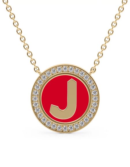 14K Yellow Gold Red J Initial Disk Pendant