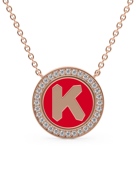 14K Rose Gold Red K Initial Disk Pendant