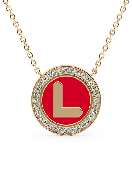 14K Yellow Gold Red L Initial Disk Pendant