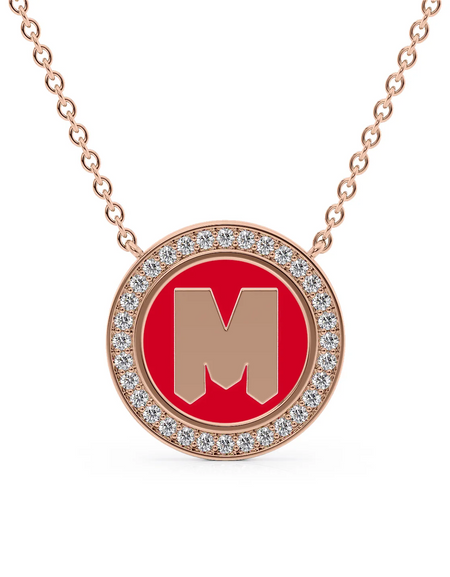14K Rose Gold Red M Initial Disk Pendant