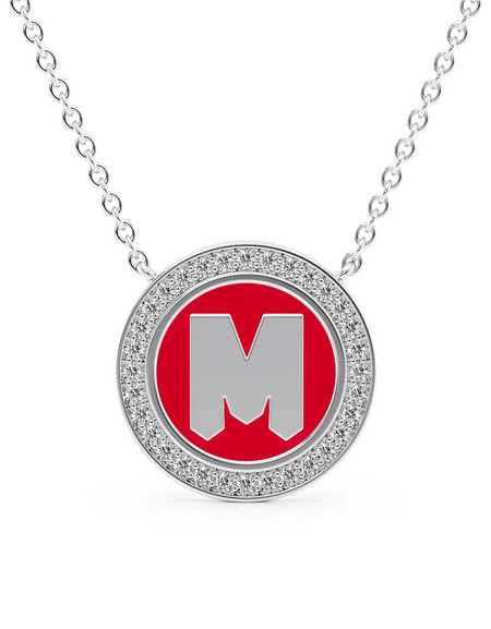 14K White Gold Red M Initial Disk Pendant