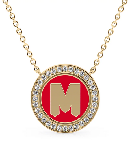 14K Yellow Gold Red M Initial Disk Pendant