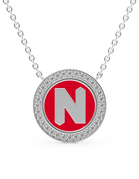 14K White Gold Red N Initial Disk Pendant