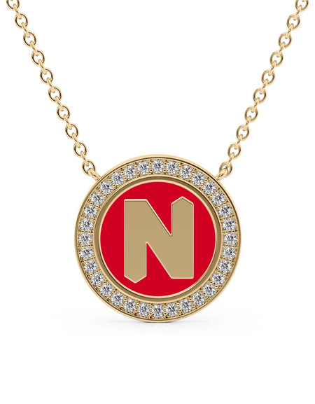 14K Yellow Gold Red N Initial Disk Pendant