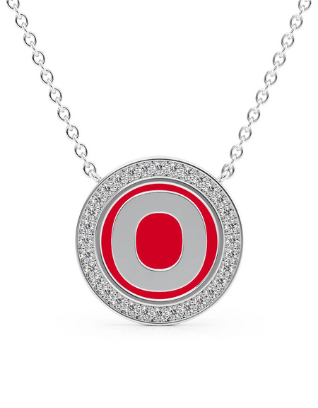 14K White Gold Red O Initial Disk Pendant