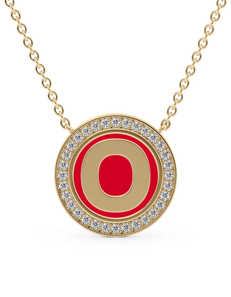 14K Yellow Gold Red O Initial Disk Pendant