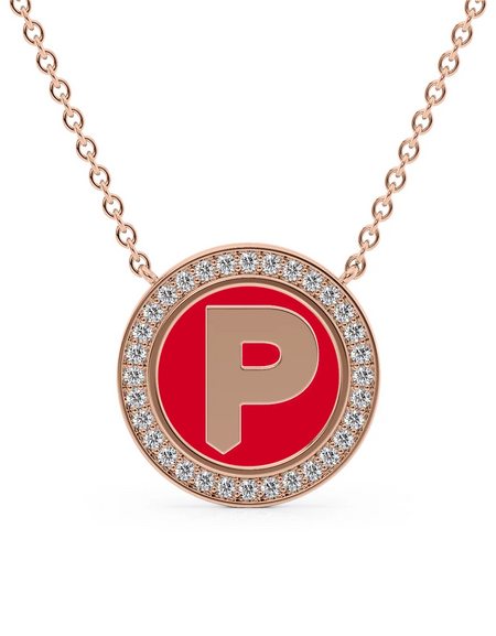 14K Rose Gold Red P Initial Disk Pendant
